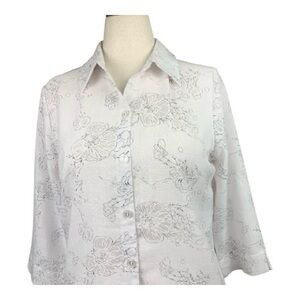 Sag Harbor White Floral Button Down Shirt Quarter Sleeve Coastal Resort Small